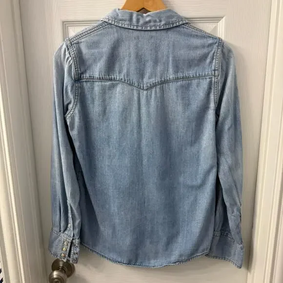 J Crew Shirt Womens 0 Blue Indigo Denim Pearl Snap Western Chambray Cowgirl - Picture 2 of 3